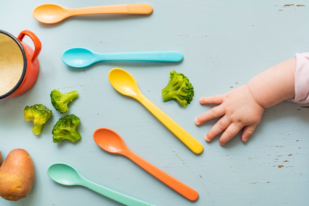 Nooli First Self-Feeding Utensils: USA-Made, BPA-Free Spoon & Fork Set for Babies & Toddlers Ages 6+ Months, Anti-Choke Shield, Easy-Grip Handles for